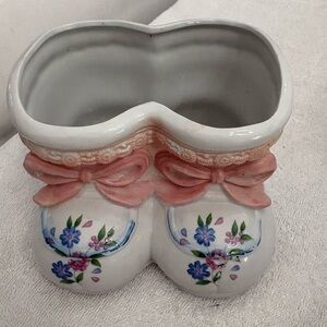 Vintage Ceramic Baby Boot Planter with Pink Accents